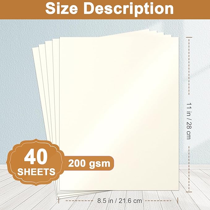 Silunkia 40 Sheets Cream Shimmer Cardstock 8.5 x 11 Ivory Paper, 75lb Off White Paper Card Stock for School Crafting, Cards Making, Business Cards, Wedding Invitations, Menus