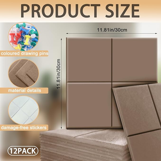 12-Pack Large Felt Bulletin Board 48" x 36" Cork Board Alternative, with 30 Pushpins, 70 Adhesive Tabs, Slat Wall Paneling, Cork Boards for Office Push Pin Board Felt Board-Dark Beige