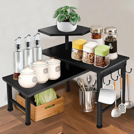 Uniqcovosa Bathroom Counter Organizer, 3 Tier Moveable Black Corner Shelf with Hook, Countertop Organizer for Bathroom, Dresser Table, Makeup Vanity Desktop,Desk Shelf (Black)