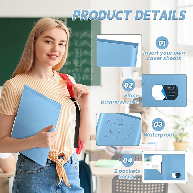 Henoyso 36 Pcs Plastic Folders with Clear Front Pockets Heavy Duty File Folders with 2 Pockets and Card Slot for Student Communication School Office Presentation Report (Dusty Blue)