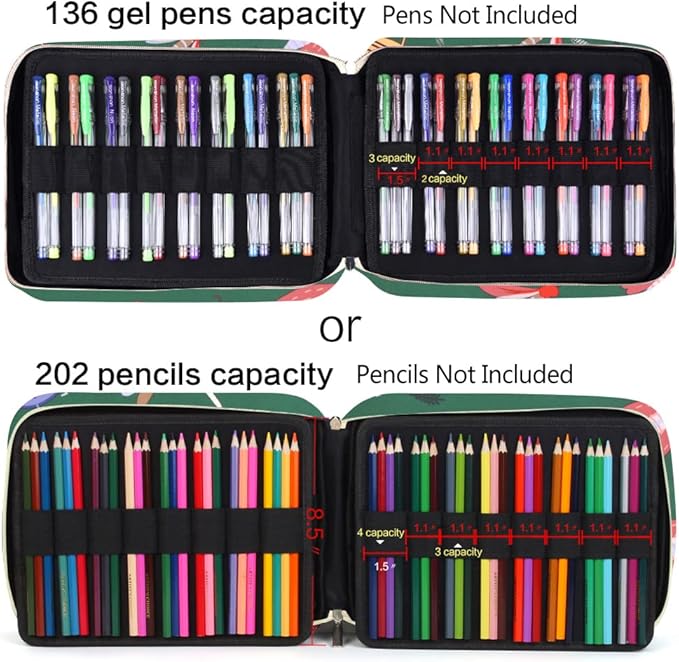 Pencil Case Holder Slot - Holds 202 Colored Pencils or 136 Gel Pens with Zipper Closure - Large Capacity Polyester Pen Organizer for Watercolor Pens or Markers - Perfect for Artist Green Dragonfly