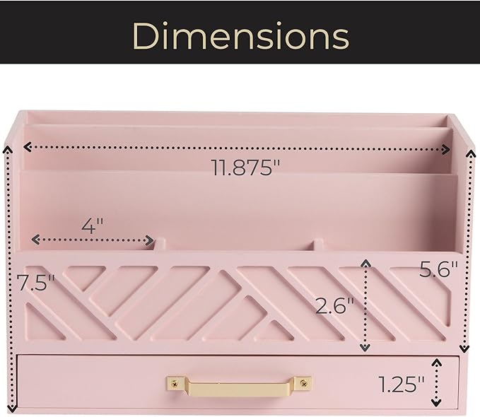 BLU MONACO Pink Wooden Desk Organizer With Storage Drawer and Gold Handle | Desktop Mail Sorter and Stationery Holder for Home Office | 4.6” x 12.4” x 7.5” Multi-Compartment Accessory Organizer