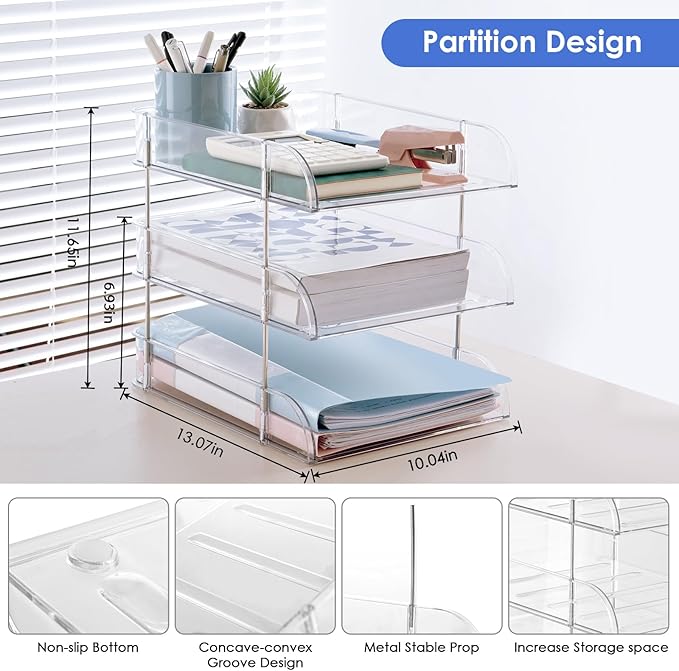 Noger Desk Organizers and Storage, 3 Tier Clear Heightened Stackable Paper Tray Organizer for Document, Letter, A4 File Paper, Desk Accessories, Office Supplies (Clear, 3 Pack)