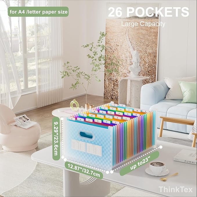 ThinkTex 26-Pocket Accordion File Organizer, Upright & Open Top, A–Z Colorful Tabs, High Capacity Expanding File Folder, Letter/A4 Size Essentials for School, Home, and Office- Blue