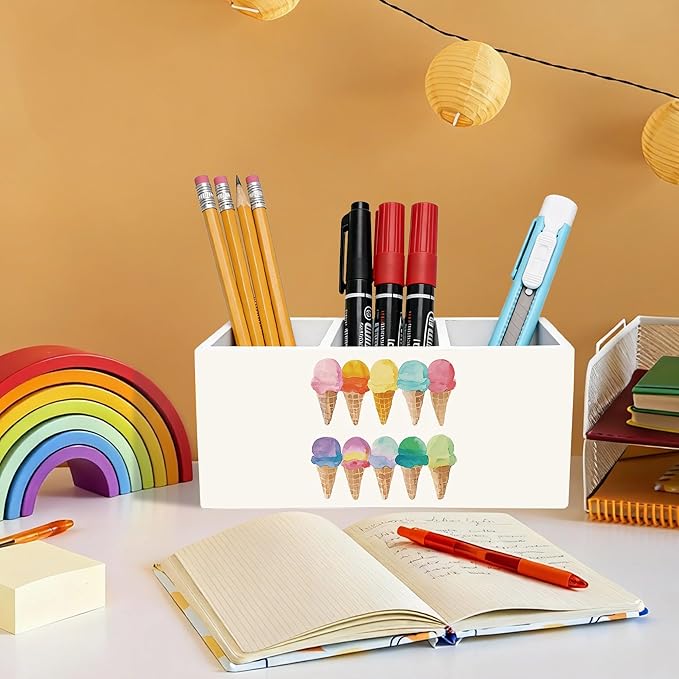 YQDEJ Summer Ice-Cream Pen Holder for Desk Accessories Lovers Gifts, Watercolor Ice Cream Cone Wooden Box Sign Desk Pencil Holder Organizer for Kids Room Home Classroom Decoration