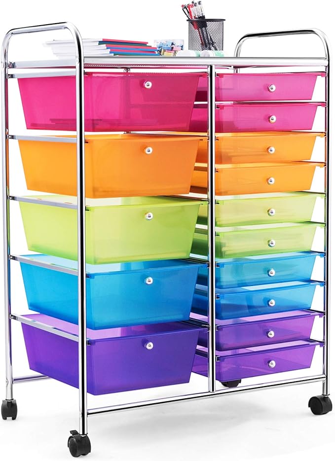 HAPPYGRILL 15-Drawer Rolling Cart, Storage Carts with Removable Drawers & Steel Frame, Utility Cart on Lockable Wheels for Home, School, Office,Colorful