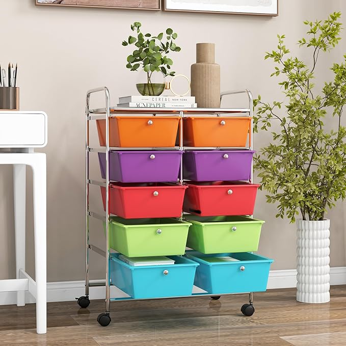 GLACER 10 Drawer Rolling Cart, Storage Cart with Lockable Whieels & Metal Frame, Trolley for Art Craft Oganizer, Mobile Utility Cart for Office, School, Classroom, Kitchen (Rainbow Color)