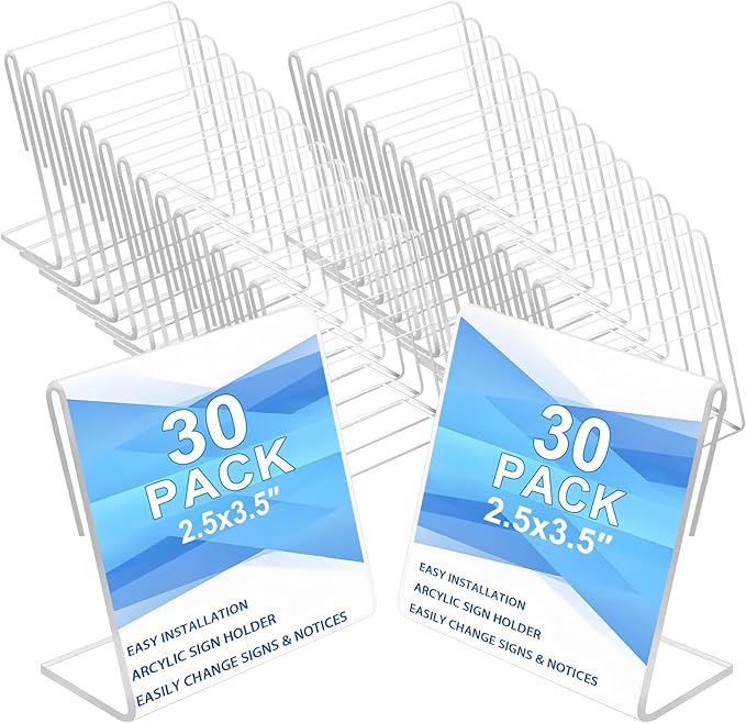 30 pack Small Acrylic Sign Holder 2.5 x 3.5 Inch,Mini Food Sign Labels for Party Buffet,L-Shape Name Card Display Holder,Clear Acrylic Sign Display Holder for Office, Store, Restaurant - Vertical