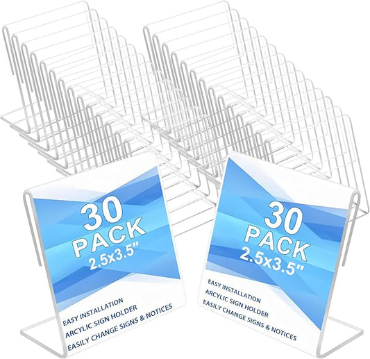 30 pack Small Acrylic Sign Holder 2.5 x 3.5 Inch,Mini Food Sign Labels for Party Buffet,L-Shape Name Card Display Holder,Clear Acrylic Sign Display Holder for Office, Store, Restaurant - Vertical