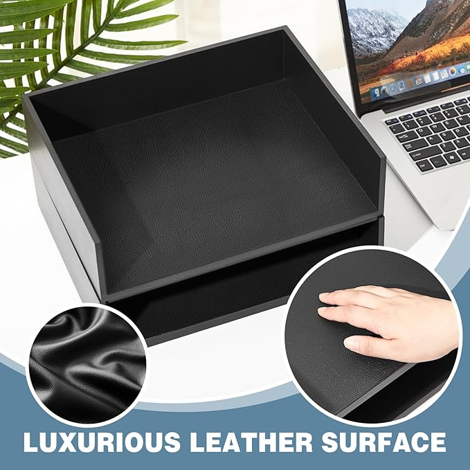 Yeaqee 2 Pcs Wooden Leather Stackable Letter Trays 13 x 10.6inch Luxurious Surface Desk Letter Tray Heavy Paper Inbox Mail Organizer for Office Document Magazine Folder Desktop Accessories(Black)