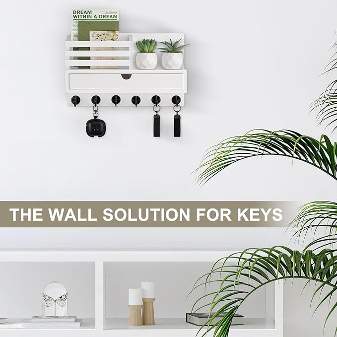 Lucundm Key Holder Wall Mount, Mail Holder with Storage Drawer and 6 Key Hooks for Coat, Dog Leash, Home Decor Rack, House Accessories, Entry Way Organizer