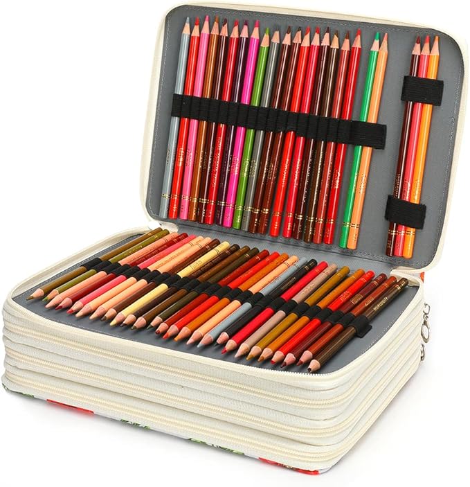 Vomgomfom Colored Pencil Case - 200 Slots Holder With Zipper Closure, Twill Fabric Large Capacity for Watercolor Pens or Markers, Organizer for Artist (White)