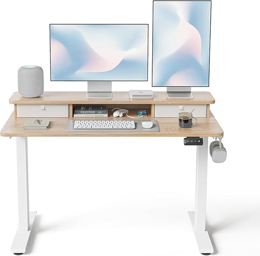 FEZIBO 48 x 24 Inch Height Adjustable Electric Standing Desk with Double Drawer, Stand up Home Office Computer Desk with 4 Height-Adjustable Feets & 2 Hooks,Maple