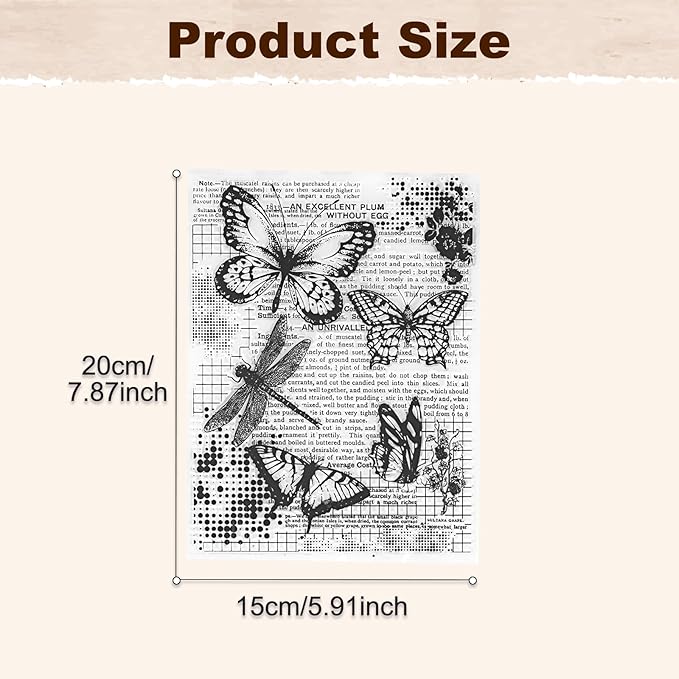 UCEC Retro Butterfly Vintage Stamps for Crafting, Clear Stamps for Card Making, Silicone Clear Travel Stamp for Journals DIY Scrapbooking Journal Home Decoration, 7.87x5.91inch, 1 Sheet