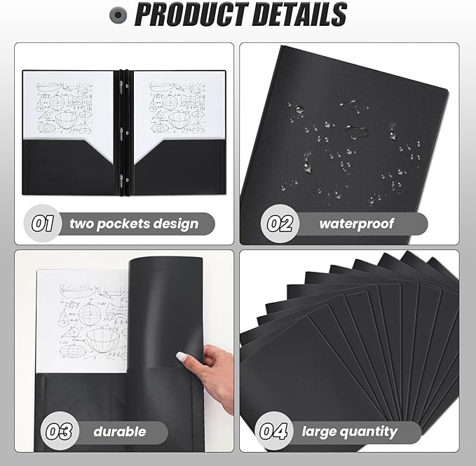 Lincia 100 Pcs Plastic Folders with Pockets and Prong Folders with Prongs 2 Pockets for Office, School for Students, Teachers, Office Workers(Black)