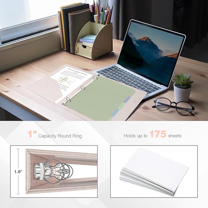 Ospelelf Vintage Hardcover 3 Ring 1 inch Leather Binder, Professional Binders Organizer Suitable for Letter Size Documents, Binder Dividers with Tabs, Faux Rose Gold Leather