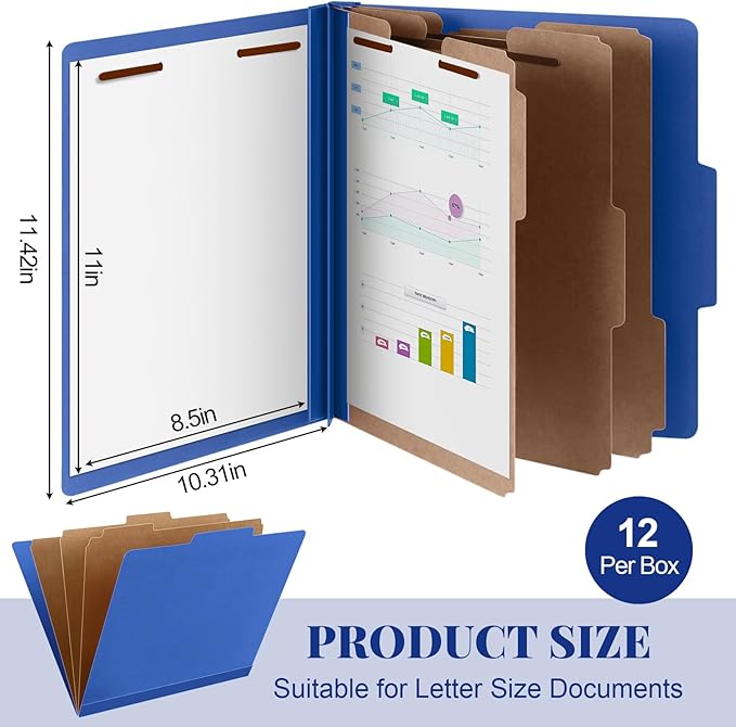 Skyygemm 12 Pcs Classification Folders Letter Size, 3 Divider Pressboard File Folder with Fasteners, Expanding File Organizer Bulk for School Teachers, Office Employee, Coworker, Staff (Dark Blue)