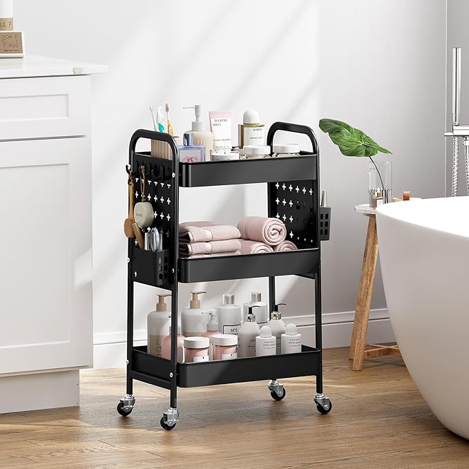KINGRACK 3 Tier Rolling Cart with DIY Hanging Board, Metal Rolling Utility Cart with Wheels Handles Baskets Hooks, Rolling Storage Cart Suitable for Bathroom, Kitchen, Office, Nursery Diaper (Black)