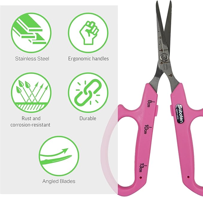 Saboten Stainless Steel Angled Blade Trimming Scissors Pink PT-13 160mm Precision Gardening Bonsai and Floral Shears Made in Japan