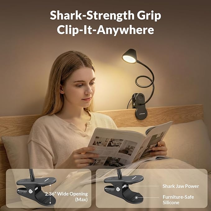 LEPOWER Clip on Light, Reading Lights for Books in Bed with 5 Colors & Stepless Dimming, RG0 Eye-Care, Auto Timer & Night Light, Strong Clamp for Headboard, Bedside, Desk, Black