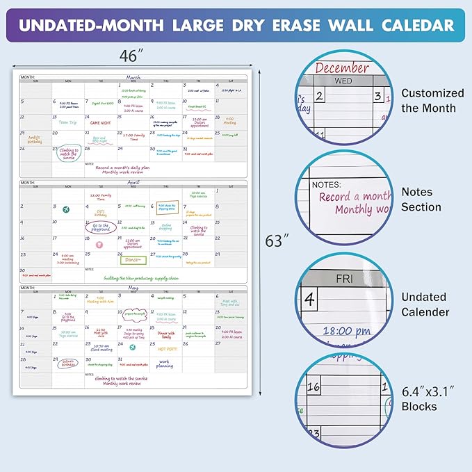 Dry Erase Vertical Three Month Laminated jumbo Wall Calendar, 46 x 63, Huge quarterly Laminated Erasable White Board, Giant 90 day Family Whiteboard Schedule Planner, Large Multi Month Reusable