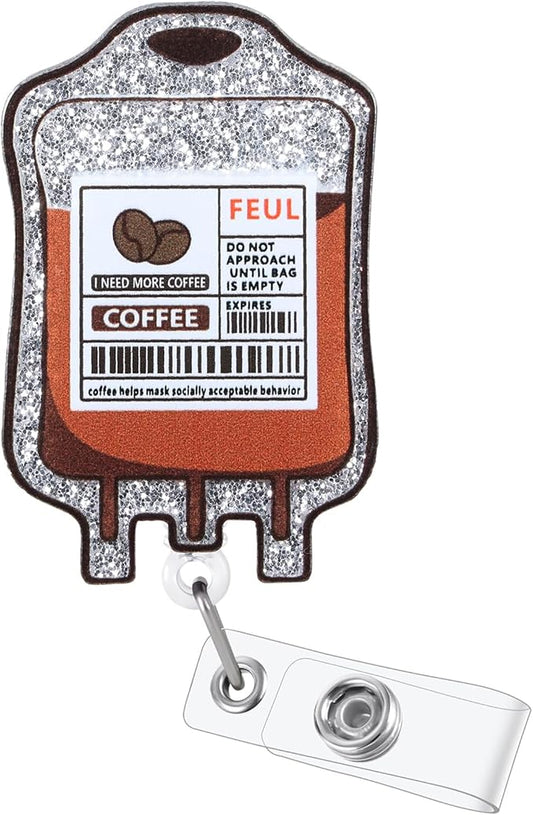 Funny Coffee Fuel Nurse Badge Reel, Cute Coffee IV Bag Retractable ID Card Medical Badge Holder, Name Tag Badge Buddy for RN CNA LPN MA Night Shift Nurse Nursing Student Doctor Medical Social Workers