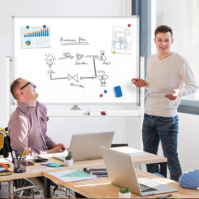 MaxGear Rolling Whiteboard, 48 x 32 Inch Double-Sided Magnetic Dry Erase Board on Wheels, Height Adjustable Mobile Whiteboard with Locking Casters for Office, Classroom, Home