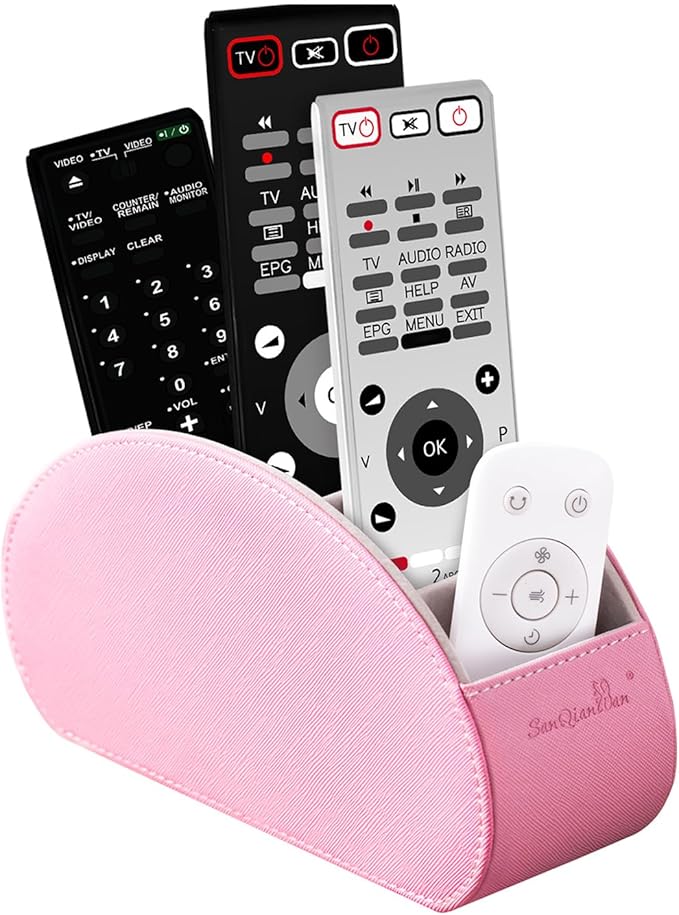 BONNY DODO Remote Control Holders Organizer Box with 5 Compartment PU Leather Multi-functional Office Desk Storage Caddy Store Tv Remote for Media Player,Brush,Pencil,Glassees&Office Supplies (Pink)