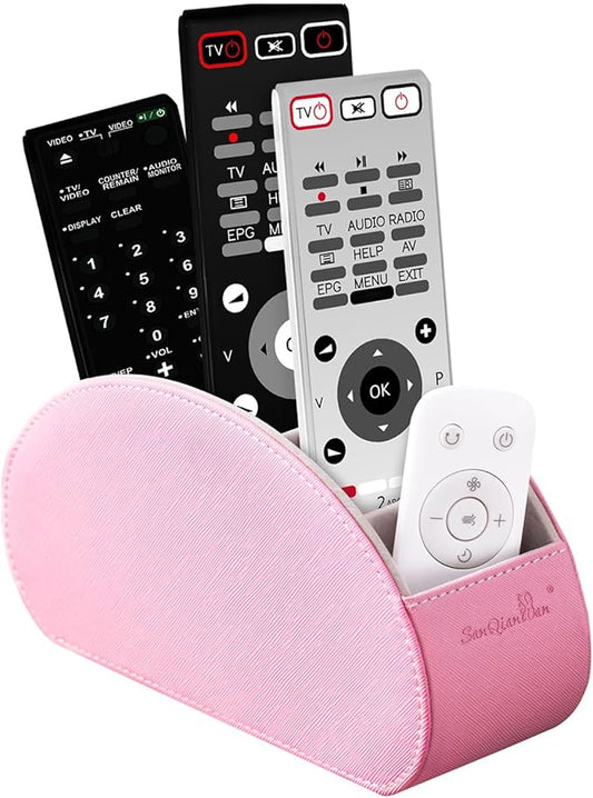 BONNY DODO Remote Control Holders Organizer Box with 5 Compartment PU Leather Multi-functional Office Desk Storage Caddy Store Tv Remote for Media Player,Brush,Pencil,Glassees&Office Supplies (Pink)
