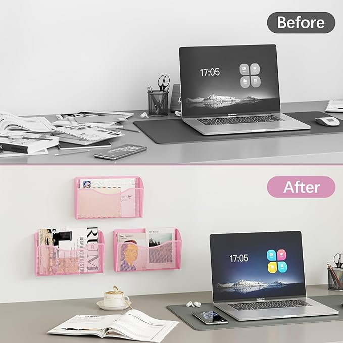 EasyPAG Single Pocket Wall File Organizer, Mesh Hanging File Folder Organizer for Letter/A4 Size Folders, Wall Mounted Vertical Mail Holder for Paperwork, Office, Home, School, Pink