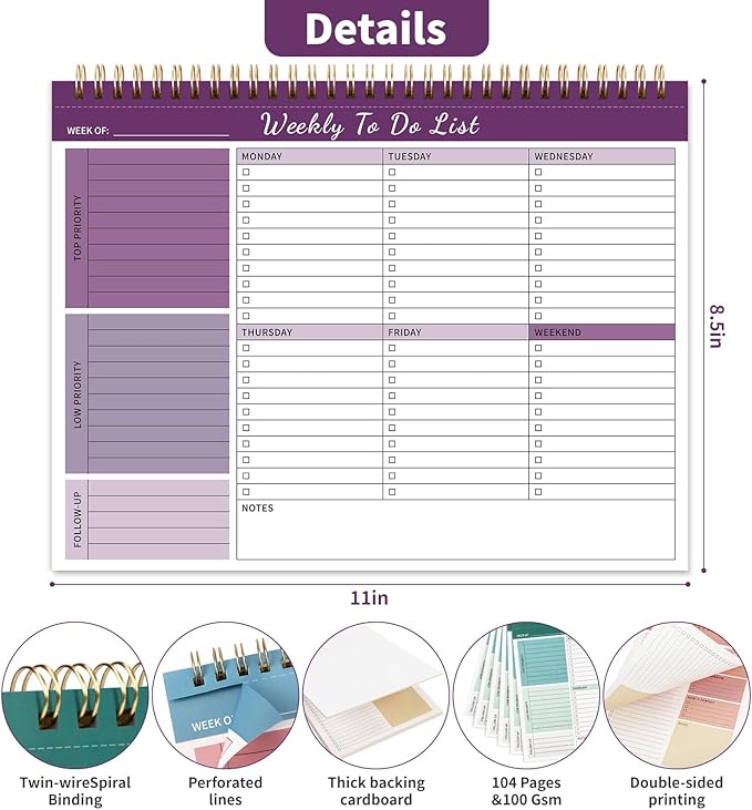 ALKALO Weekly To Do List Notepad, 52 Undated Sheets （8.5"×11") Duplex-Printed Weekly Desk Planner For Work Home School Office Desk Accessories Supplies & Goal Setting Tasks - Purple
