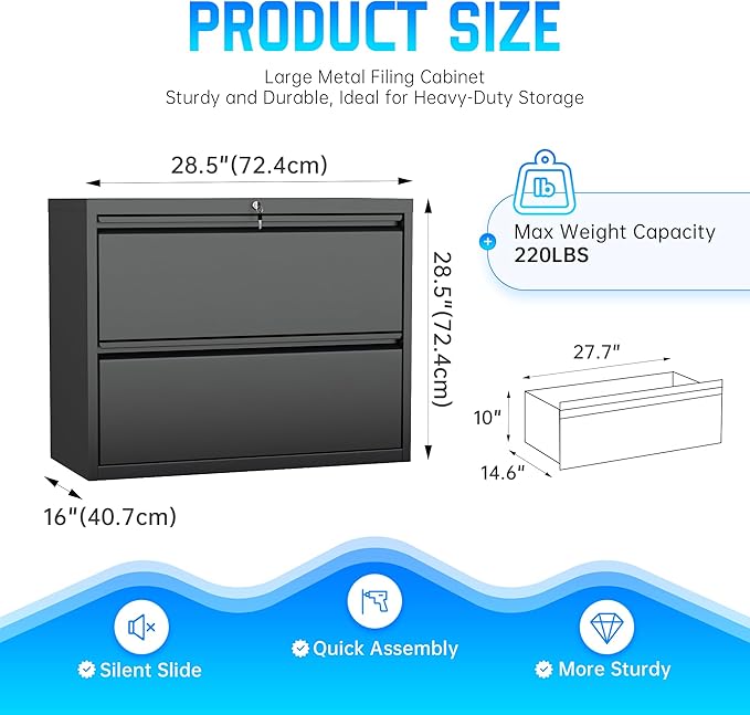 Greenvelly 2 Drawer File Cabinet, Metal Filing Cabinet with Lock, Black Lateral File Cabinet for Home Office, Locking File Cabinet for Letter/Legal/F4/A4 Size Hanging Files, Easy Assembly