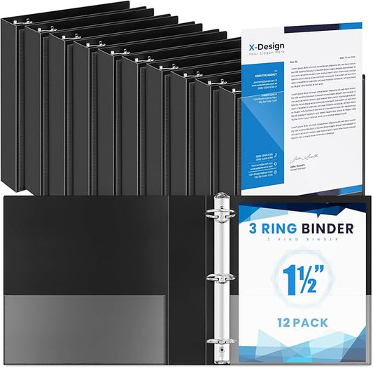 Henoyso 12 Pcs 3 Ring 1.5 Inch Binders Fits 8.5 x 11 Inch Letter Size Paper, Plastic Black Flexible Binders with View Cover and 2 Pockets, 275 Sheets Capacity for Office School