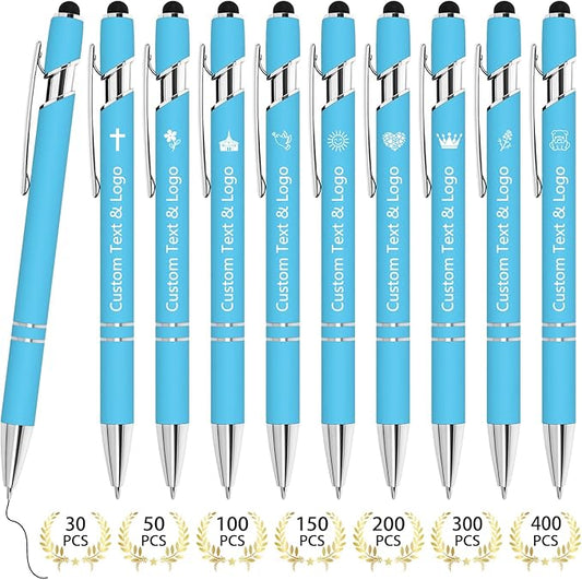 WYPAS Bulk Custom Pens - Personalized with Name, Engraved Text/Logo - Stylus Tip, Black Ink - Options for Corporate Gatherings, Events & Promotions (Lake blue)