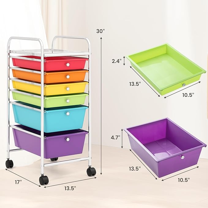 RELAX4LIFE 6-Drawer Rolling Storage Cart - Classroom Organization on Wheels w/Removable Plastic Drawers, Mobile Art Craft Cart for School Paper Home Office, Utility Cart with Drawers (Multicolor)
