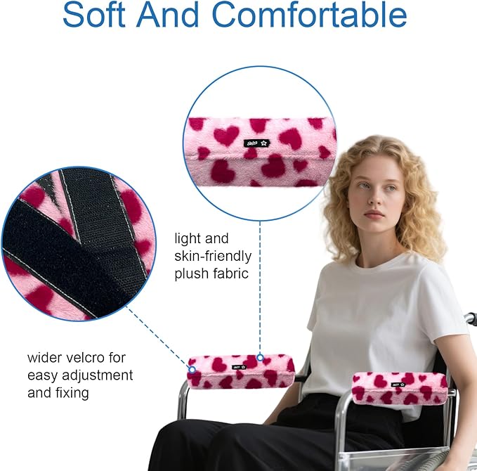 SPRING SEAON Wheelchair Armrest Covers 2 Pack Soft Memory Foam Wheelchair armrest Pads Wicking Washable for Office Transport Chair (Pink Heart)