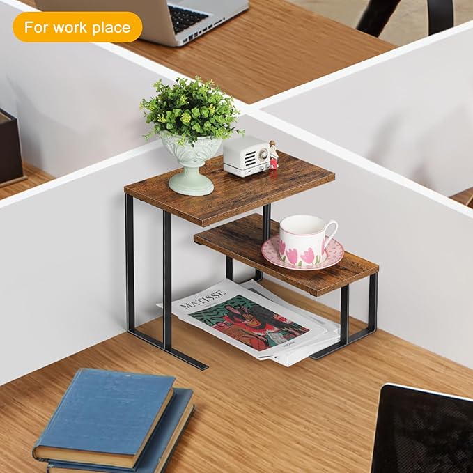 Vrisa Desk Shelf Organizer Rotating Corner Rack 2 Tier Rotating Desktop Shelf Stackable Display Rack Desk Organizer Countertop Home Organization for Office, Kitchen