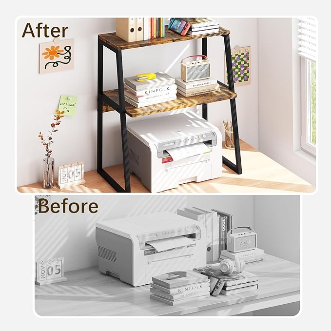 Arbuxzuy Printer Stand for Desk, Desktop Printer Shelf, 3 Tier Desk Shelf for top of Desk, Large Printer Stands Office Organization Shelves for Home Office Printer Fax Book, Rustic Brown