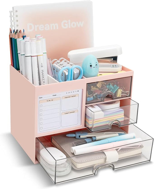 QIYVLOS Multi-Functional Desk Organizer with 3 Drawer and 8 Compartments, Pink