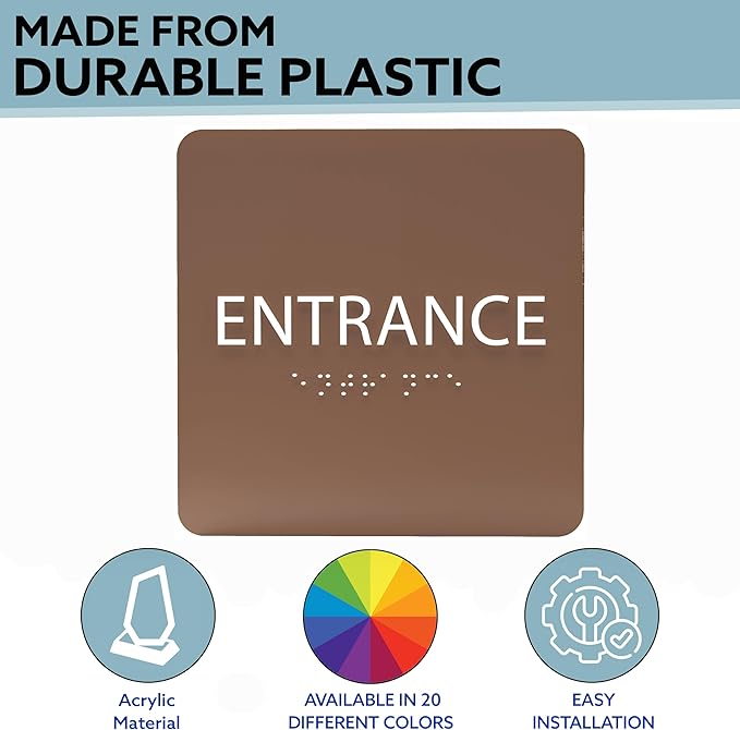ADA CENTRAL SIGNS - 6" X6" Entrance Sign - ADA Compliant Tactile Graphics Grade 2 Braille Text Acrylic Wall Sign - Entry, Way in, Access Signs for Office, Hotel, Schools, Apartment, and Restaurants