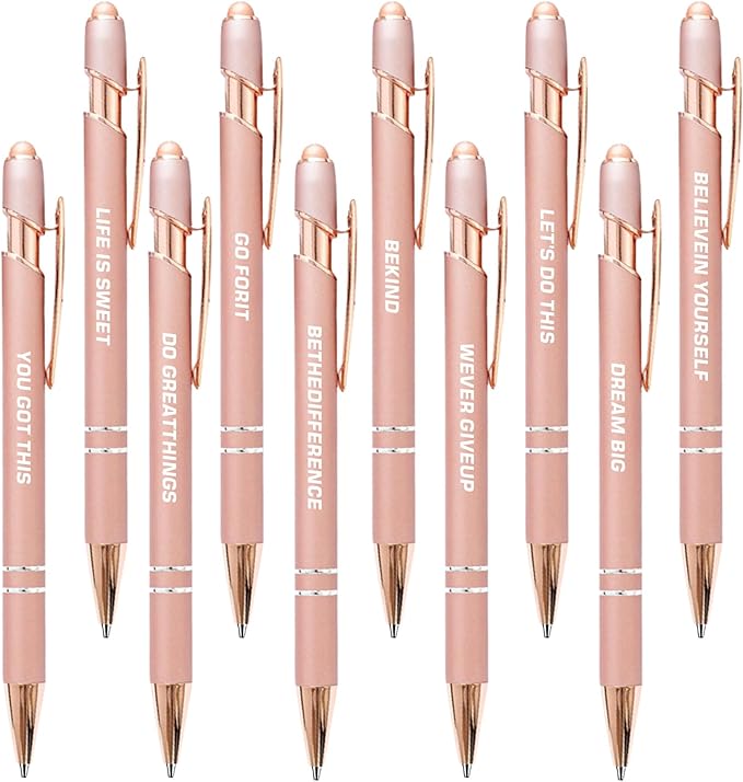 CRME 10pcs Funny Quotes Rose Gold Pens Set Novelty Pens Gifts for Coworkers Rose Gold Office Decor Pen with Stylus Tips No Need to Charge Fluent Writing for Girlfriend and Nurse Inspirational Gifts