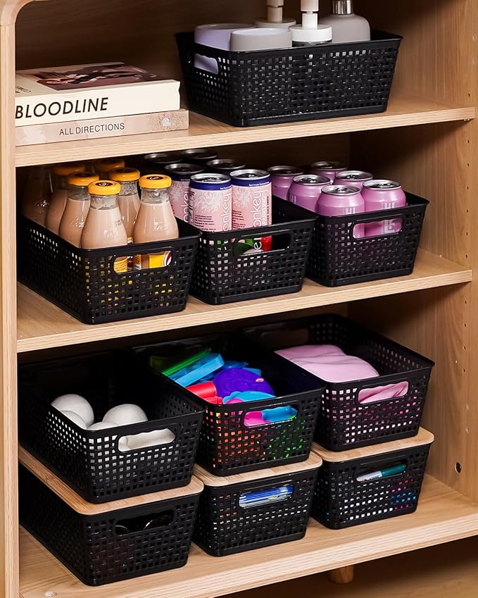 Anywish Storage Bins with Lids 10 Packs, Plastic Storage Bins with Bamboo Lids for Pantry Organization and Storage Containers for Shelves Drawers Desktop Closet Playroom Classroom Office Home, Black