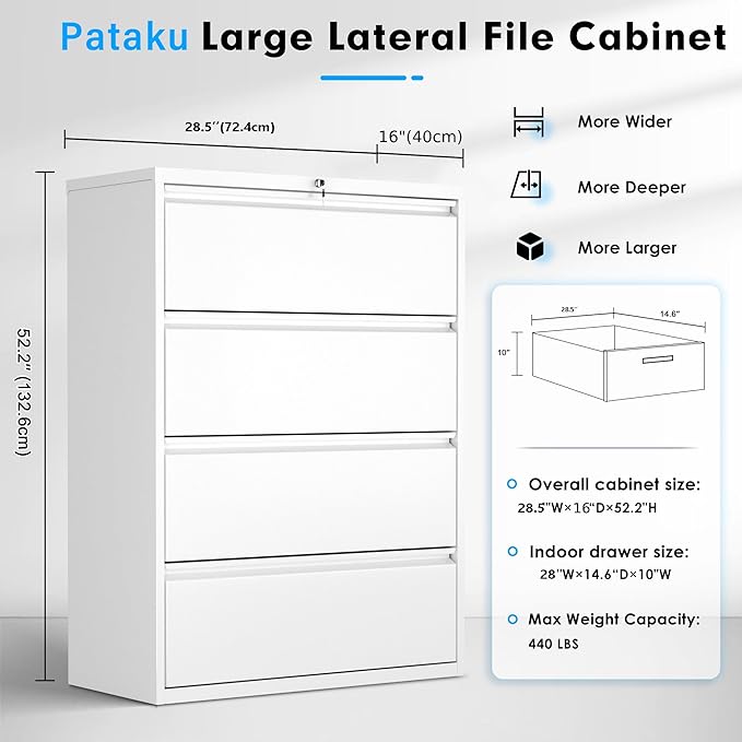 Pataku 4 Drawer File Cabinet with Lock, Metal Lateral File Cabinets for Home Office, Locking Filling Cabinets for Hanging Files Letter/Legal/F4/A4 Size(4Drawer/White)