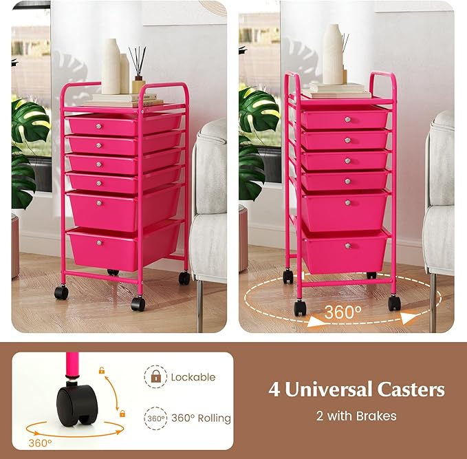 RELAX4LIFE 6-Drawer Rolling Storage Cart - Classroom Organization on Wheels w/Removable Plastic Drawers, Mobile Art Craft Cart for School Paper Home Office, Utility Cart with Drawers (Pink)
