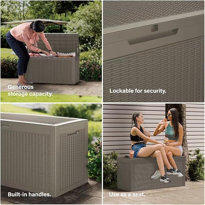Decksplore 270 Gallon Outdoor Storage Box Waterproof Lockable Resin Deck Box Large, Patio Storage Bin for Pool Accessories Cushion Furniture, Garden Tools, UV-Resistant Outside Delivery Grey