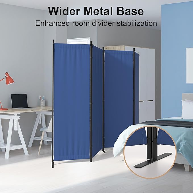 Kecreque Room Partitions and Dividers 4 Panel Portable Wall w/ 3 Wider Feet Folding Room Divider 6FT Privacy Wall Indoor as Dressing Screen for Apartment School Office Children's Separate Rooms,Blue