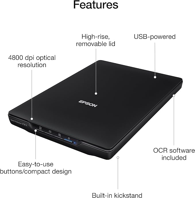 Epson Perfection V19 II Color Photo and Document Flatbed Scanner with 4800 dpi Optical Resolution USB Power, High-Rise, Removable Lid