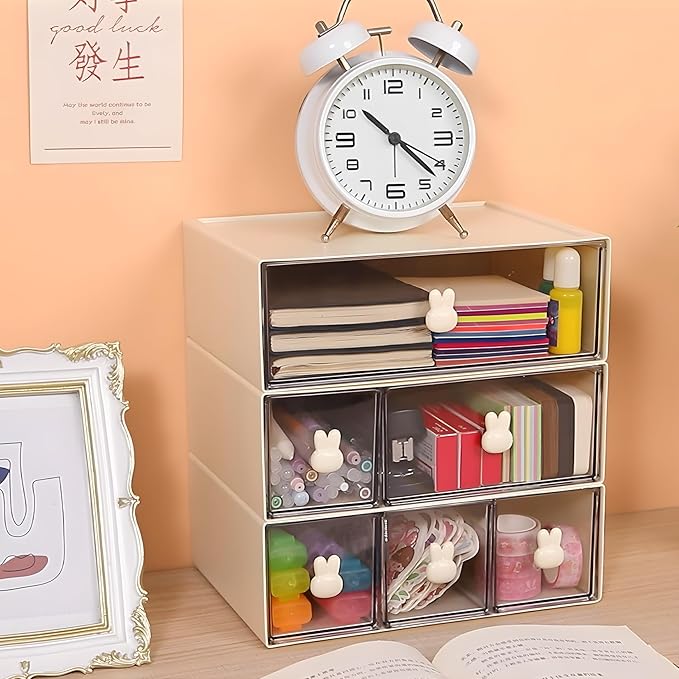 OSteed Desktop Drawers, Desk Organizer with 2 Drawers & Bunny Handles, Stackable Plastic Storage Box for Home Collection, Cosmetics, Office Supplies (1 Tall Layer, Cream & Clear)