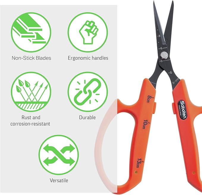 Saboten Fluorine Coated Straight Blade Trimming Scissors Orange PT-1 160mm Precision Gardening Bonsai and Floral Shears Made in Japan