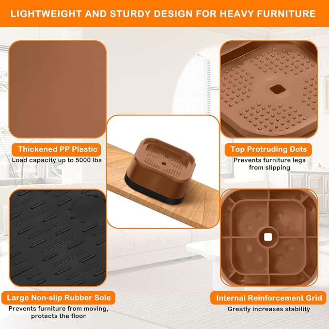 shouwuhho 9 Pack Furniture Risers Adjustable Bed Risers Heavy Duty Lifts Height 1", Square Stackable Bed Risers 1, 2 or 3 Inch for Desk Leg Table Couch Sofa Chair Bed Frame Legs Dorm, Brown